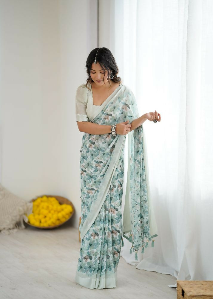 PR Fashion See_Green Bright Moss Satin Patta Printed Saree