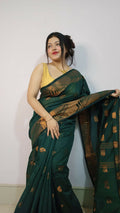 Exclusive Collection Beautiful Green Cotton Silk Woven Handloom Saree With Running Blouse Piece