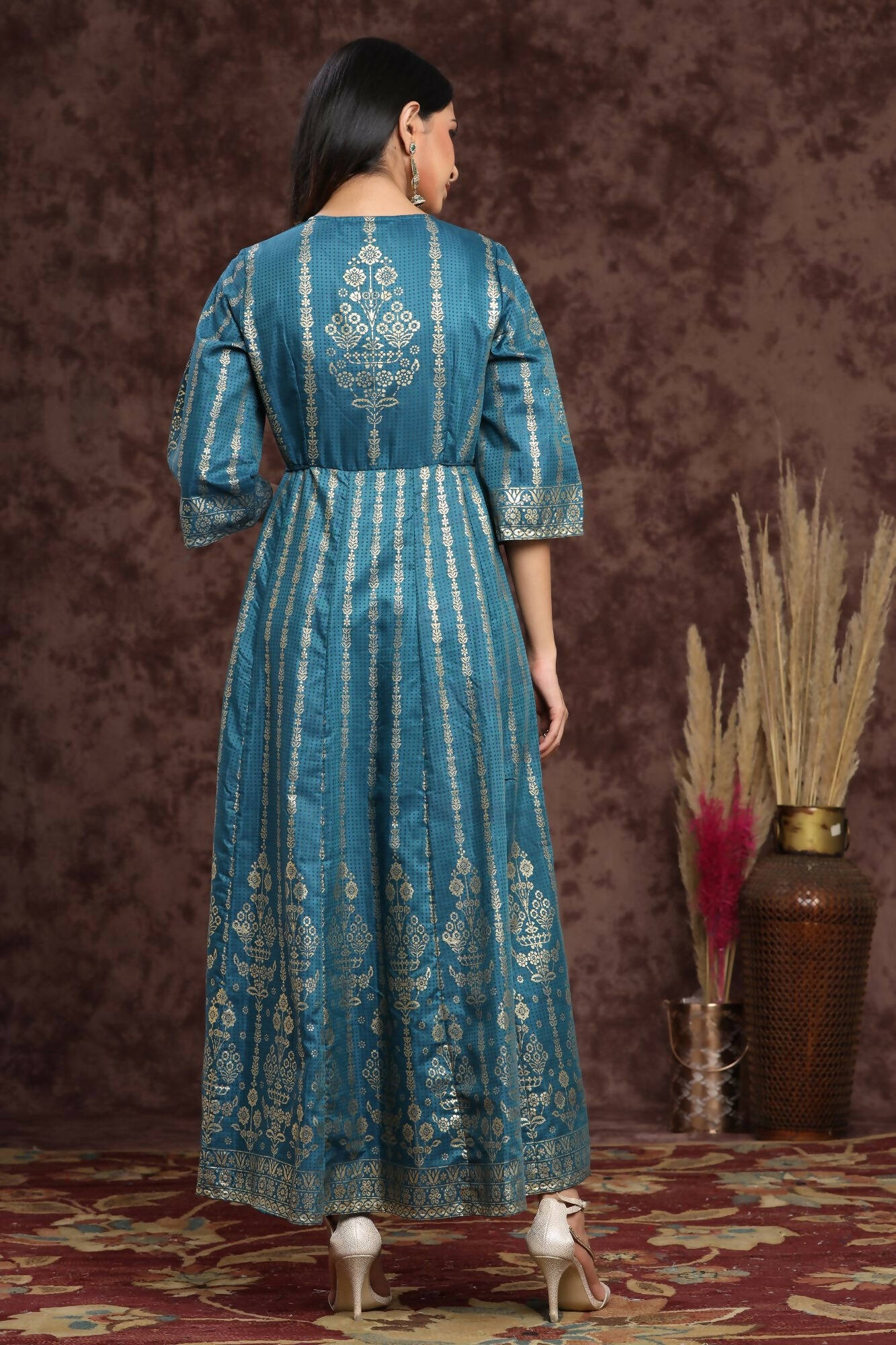 Juniper Women Teal Shantoon Printed Anarkali Dress