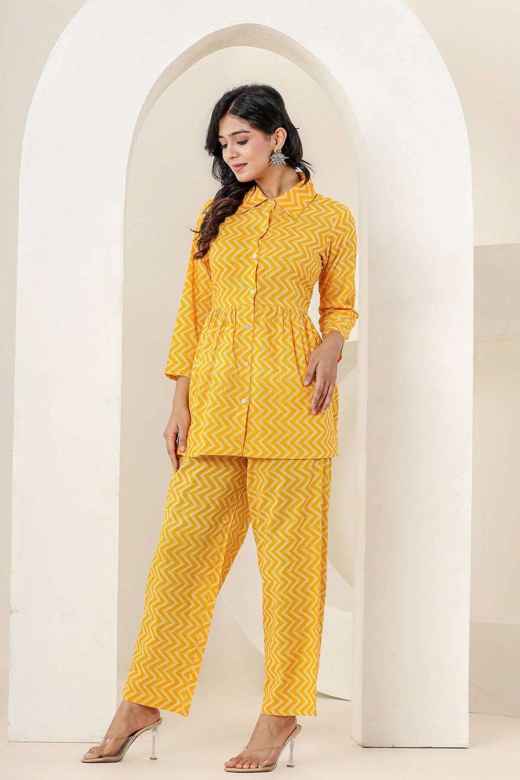 Kaajh Women's Yellow Zigzag Print Cotton Co-ord Set