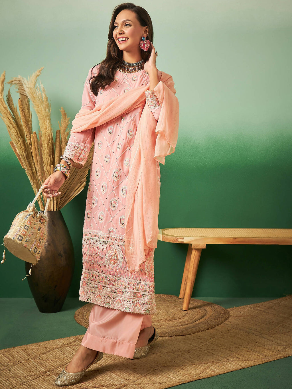 Peach Georgette Handwork Unstitched Dress Material - Hanika