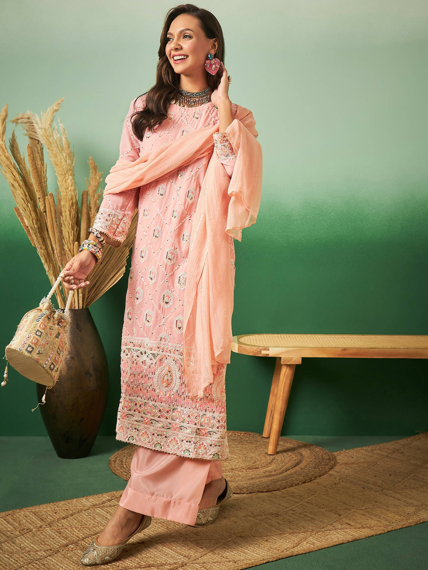 Peach Georgette Handwork Unstitched Dress Material - Hanika