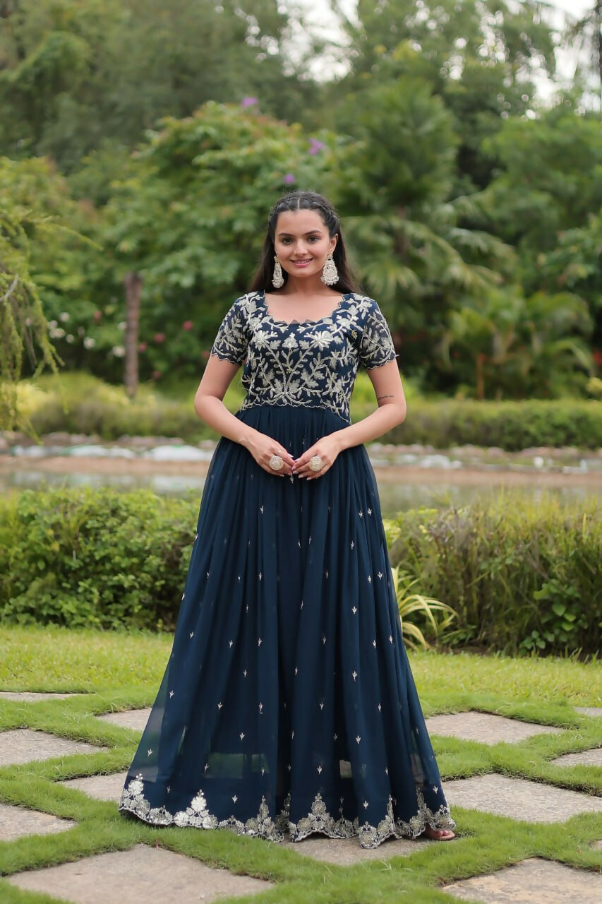 Vastranavya Premium Designer Faux Blooming with Coding Sequins Embroidery work Gown - Teal