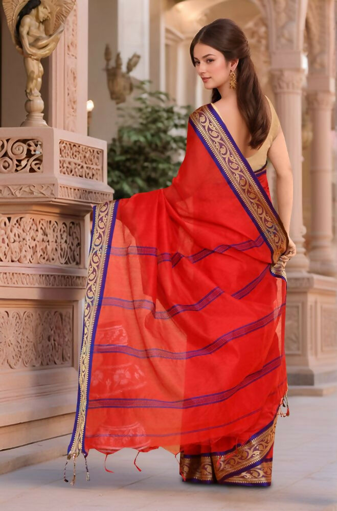 Joban Fashion Women Red & Blue Trendy Cotton Saree