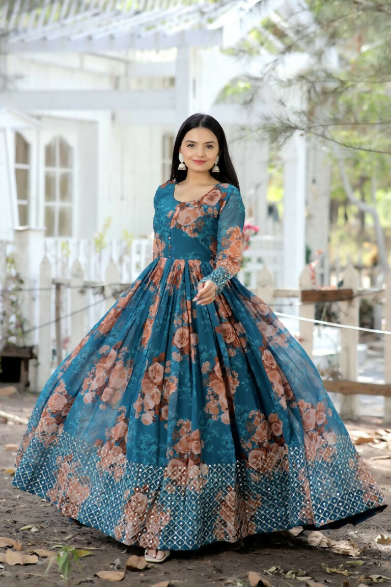 Jyoti Fashion Women's Teal Sequence Zari Embroidered Faux Georgette Anarkali Dress