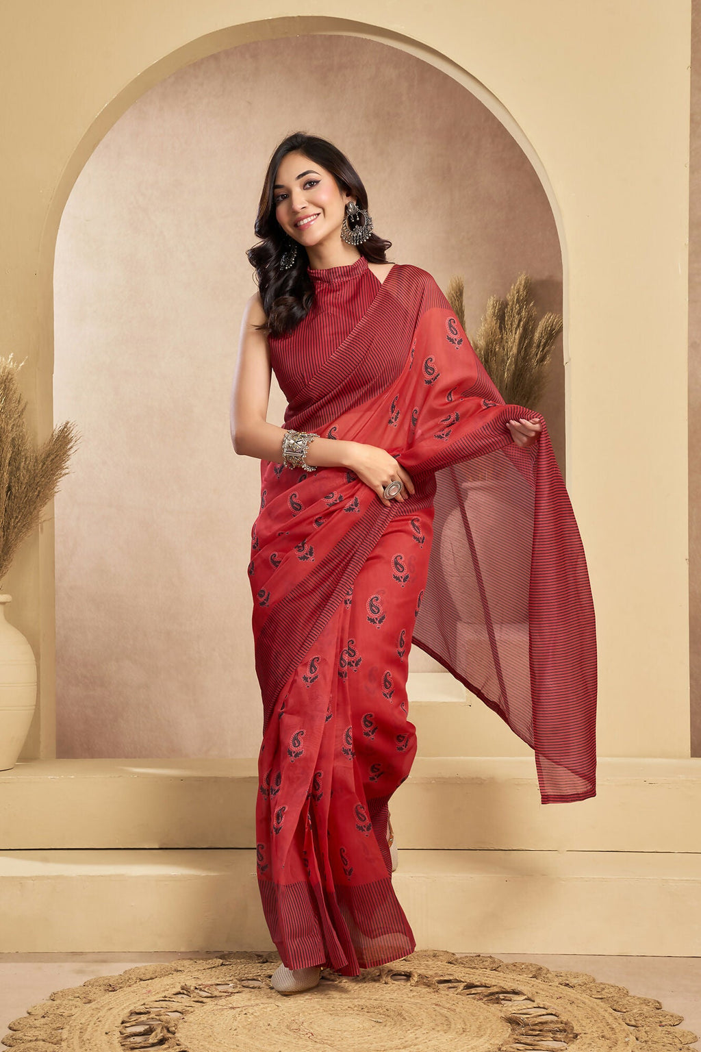 Vastranavya Rust Digital Printed Linen Ready To Wear Designer Saree with Unstitched Blouse