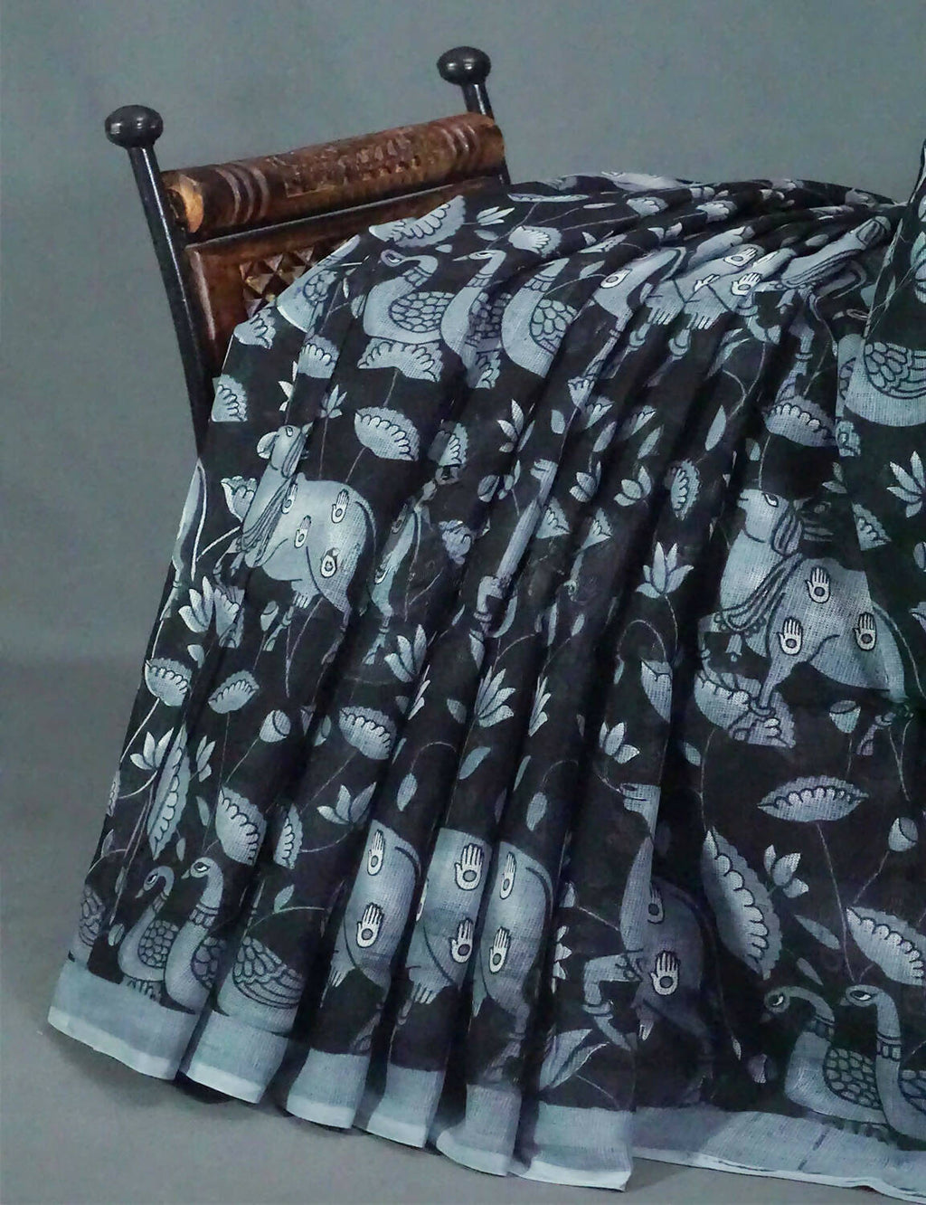 Black and Grey Pichwai Print Munga Cotton Saree By Gayathri Reddy Designer Studio