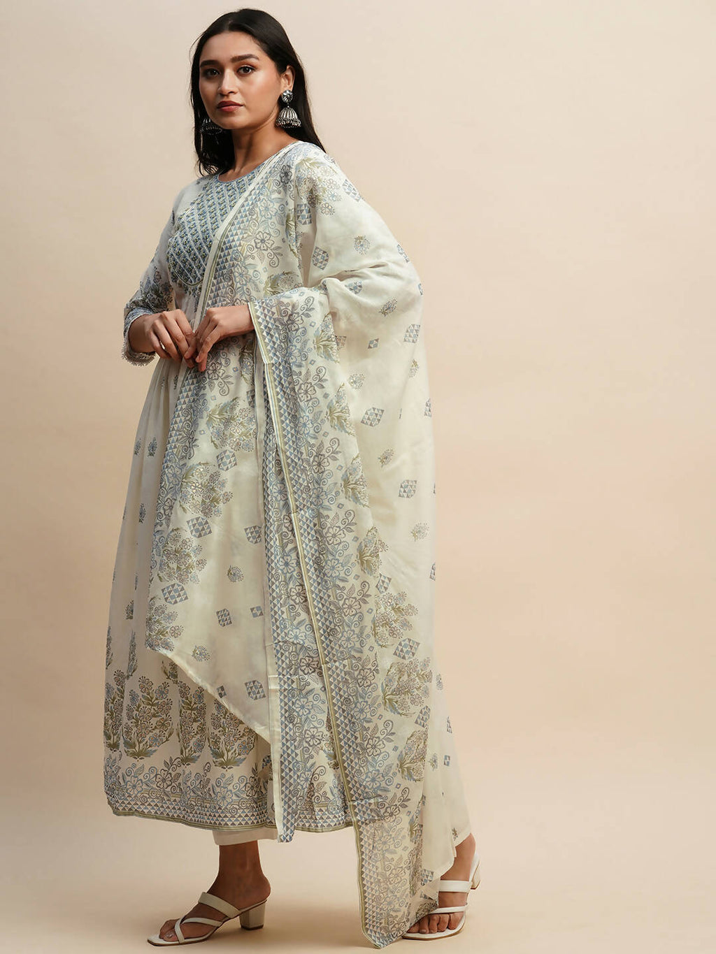 White And Blue Pure Cotton Floral Printed Anarkali Kurta And Bottom With Dupatta - Akashara