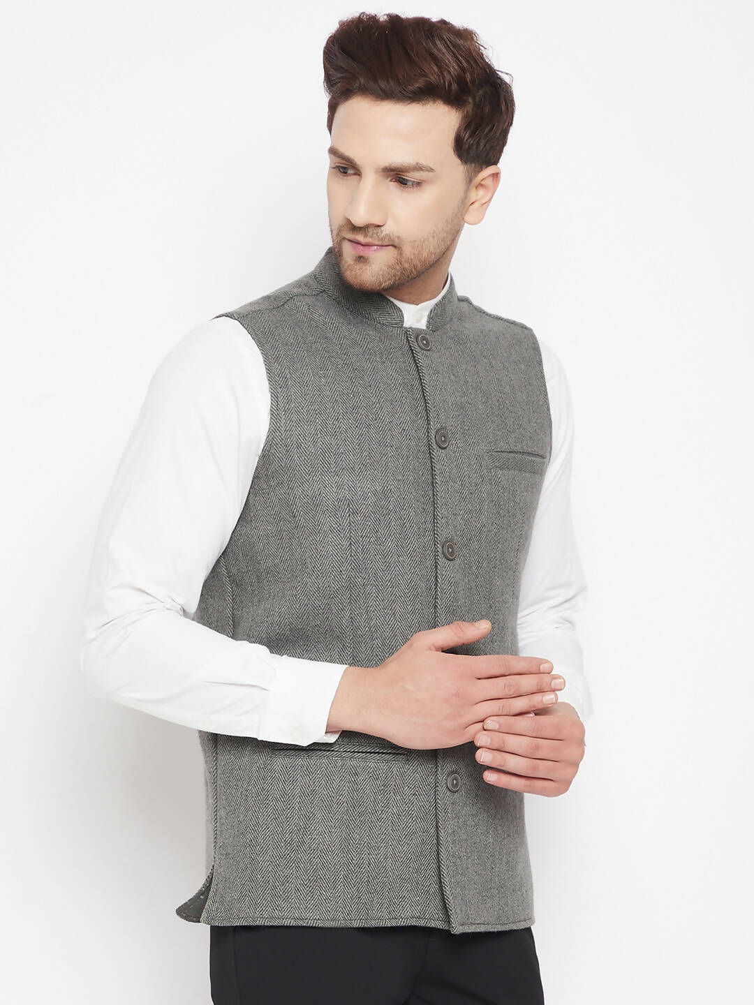 Even Apparels Grey Wool Men Woven Nehru Jacket