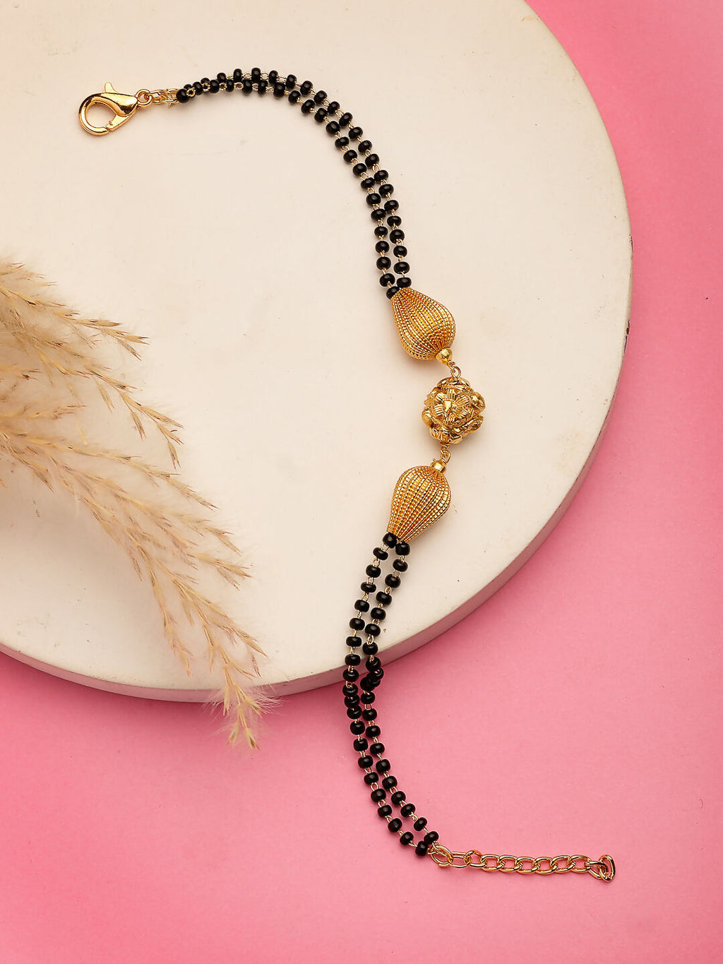 NVR Women Gold-Polished & Black Brass Hand Mangalsutra Link Bracelet