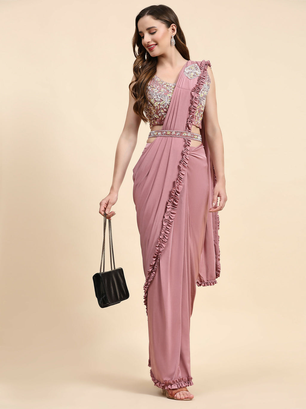 Pink Lycra Solid Ready to wear Saree with stitched Blouse - Vanita