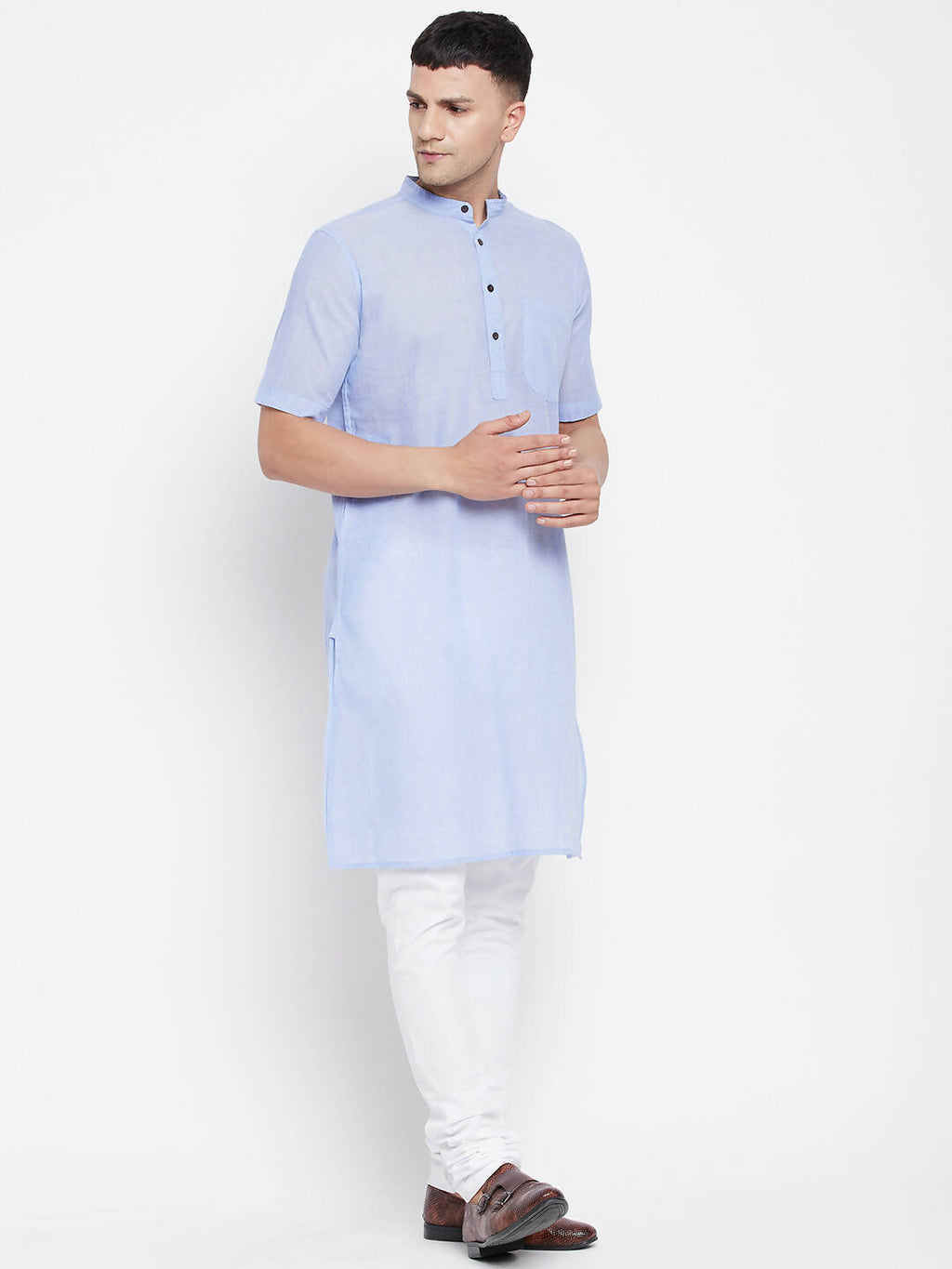 Even Apparels Blue Pure Cotton Men's H/S Kurta With Band Collar