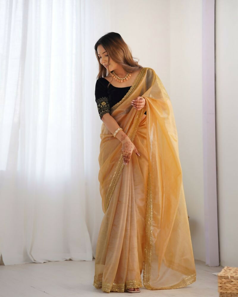 Attrctive Looking Gold Jari, Sequance Embroidery Work Twill Net Party Wear Saree - Gold