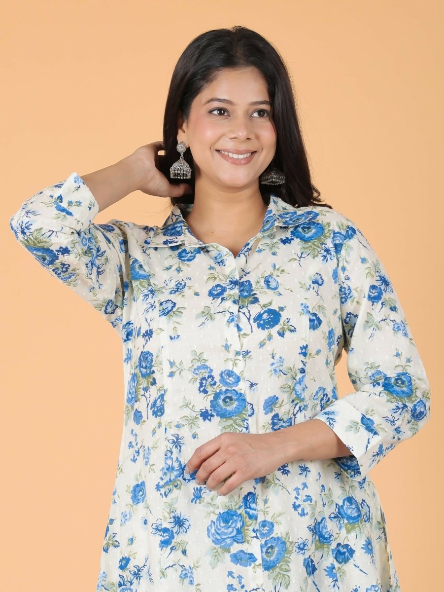 Aramya White Textured Cotton Floral Print High Low Kurta Set for Women
