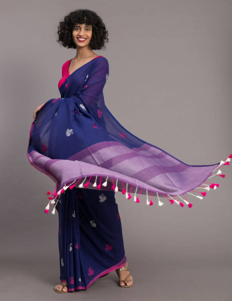 Suta Blue Pink Ethnic Motifs Handloom Cotton Woven Saree