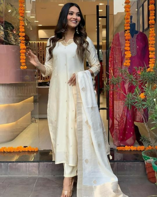 The52 White Beautiful Embroidered Viscose Chanderi Fabric Straight Kurta Pant with Dupatta Set