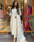 The52 White Beautiful Embroidered Viscose Chanderi Fabric Straight Kurta Pant with Dupatta Set