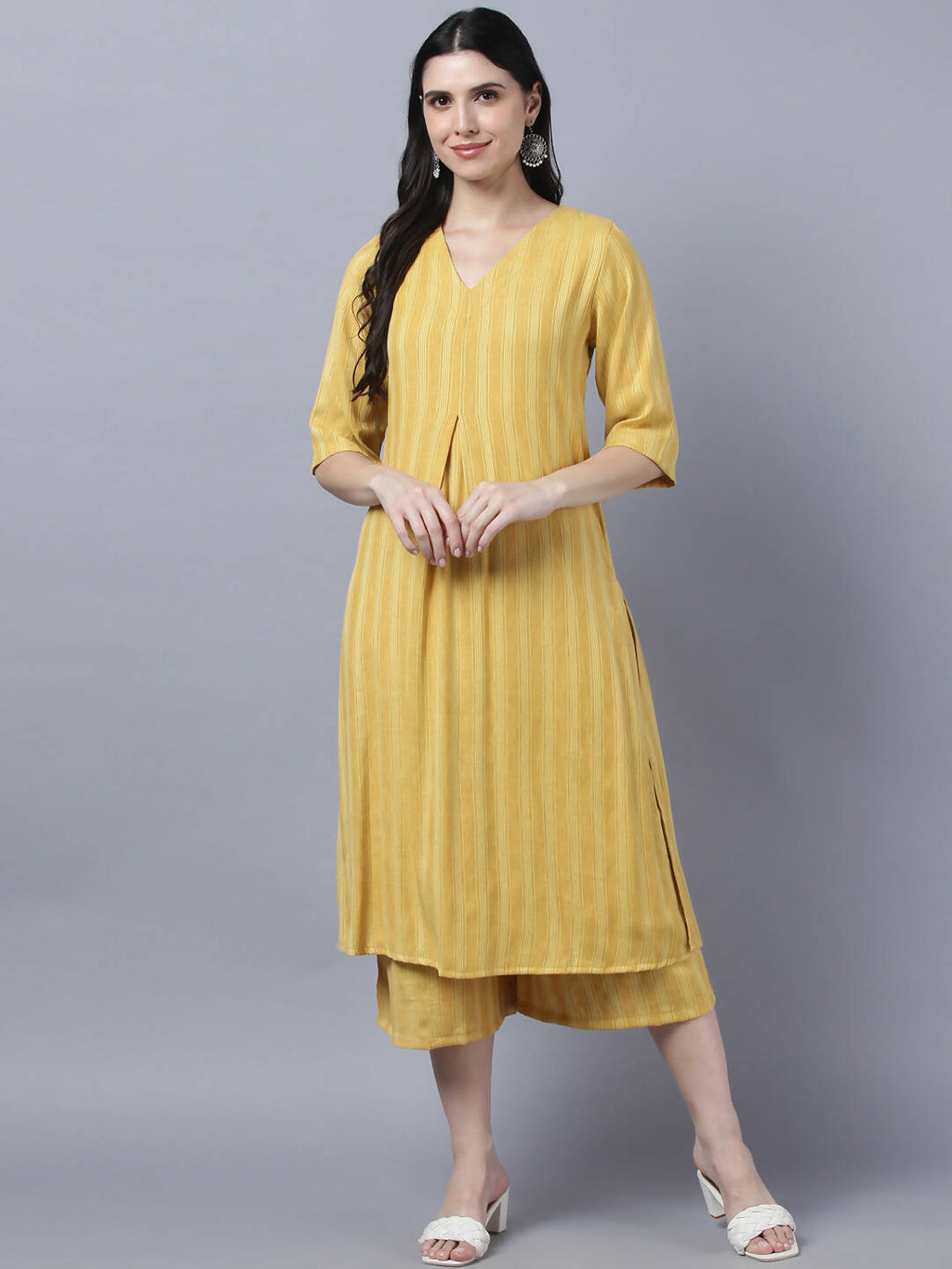 Myshka Stylish Yellow Cotton 3/4 Sleeve Women's Kurta Palazzo Set