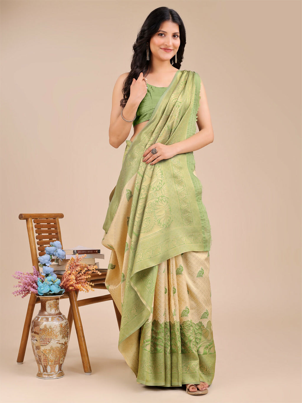 Shree Shyam Fashion Banarasi Silk Cream & Light Green Saree