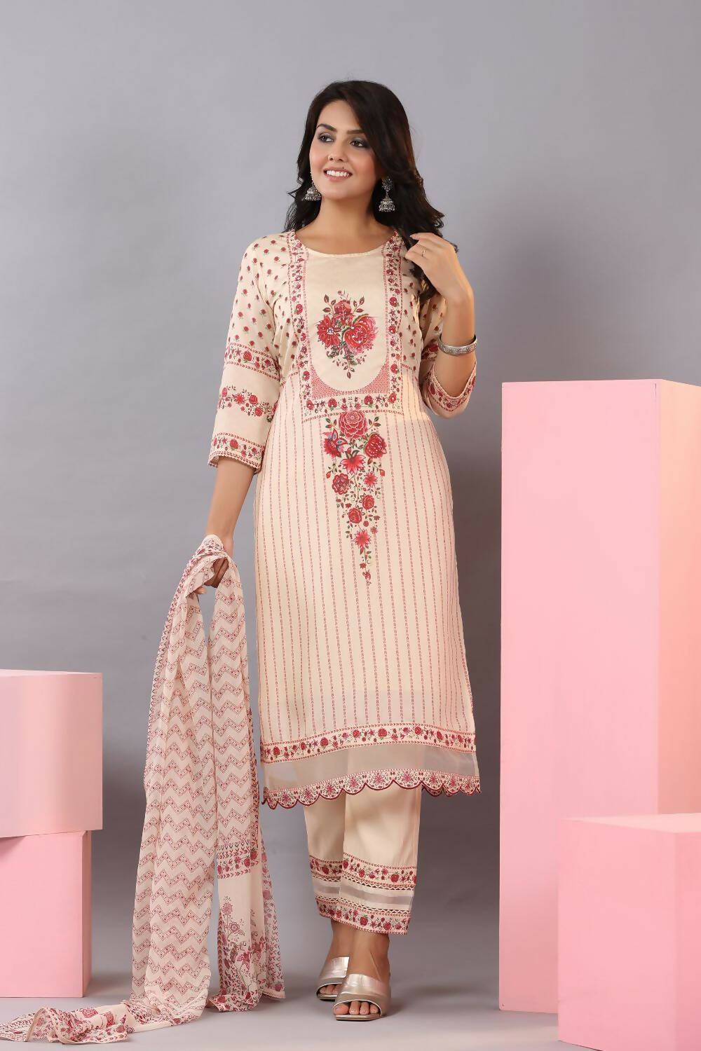 Juniper Women Ecru Muslin Floral Printed Kurta, Pants and Dupatta Set