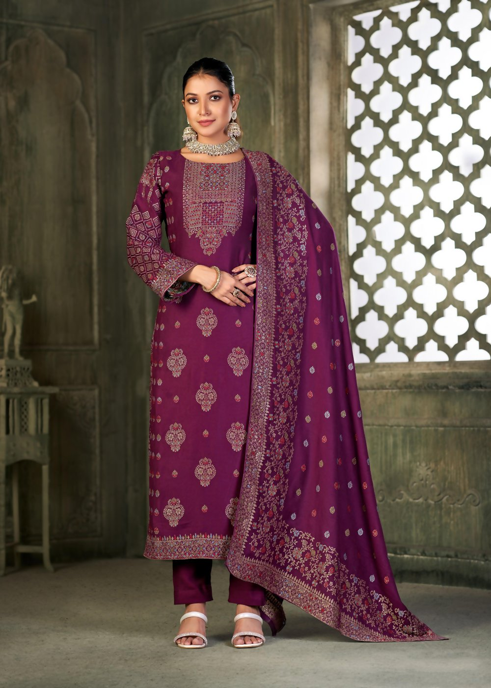 Purple Viscose Pasmina Mina Work Kurta & Bottom with Dupatta - Paridhi