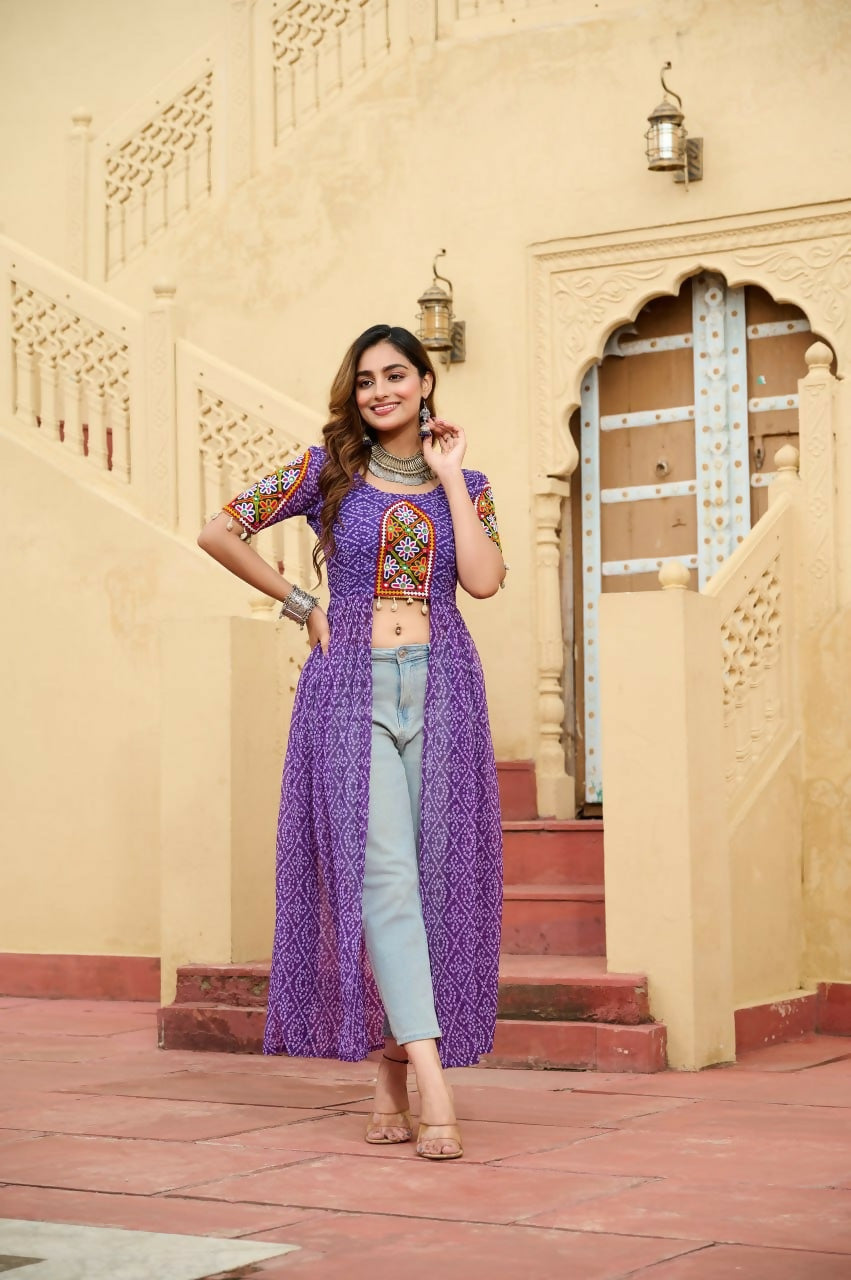 Vastranavya Blue Navratri Special Kutchi Patch Work with Bandhani Printed Faux Georgette Kurti