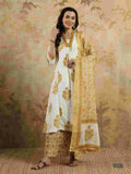 Yellow Cotton Blend Printed Anarkali Suit with Dupatta - Rashmika