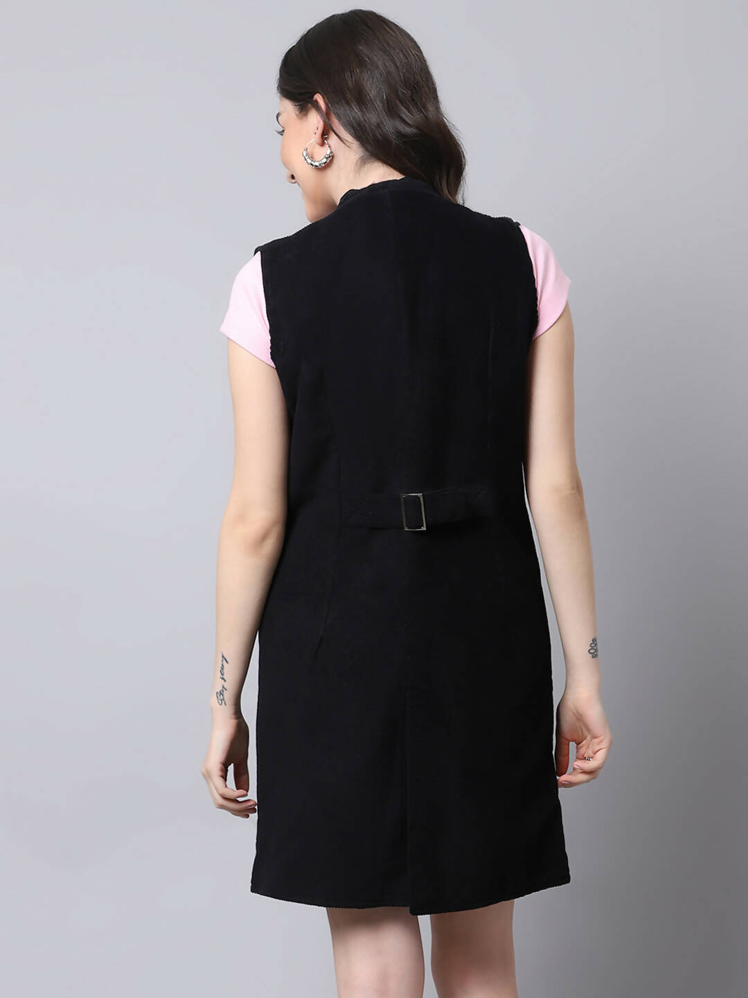 Even Apparels Black Polywool Open Front Corduroy Women's Long Coat