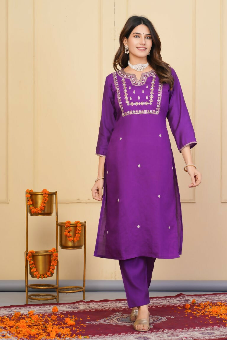 Purple Viscose Chanderi Embroidered Stitched Suit With Dupatta - Tanisha