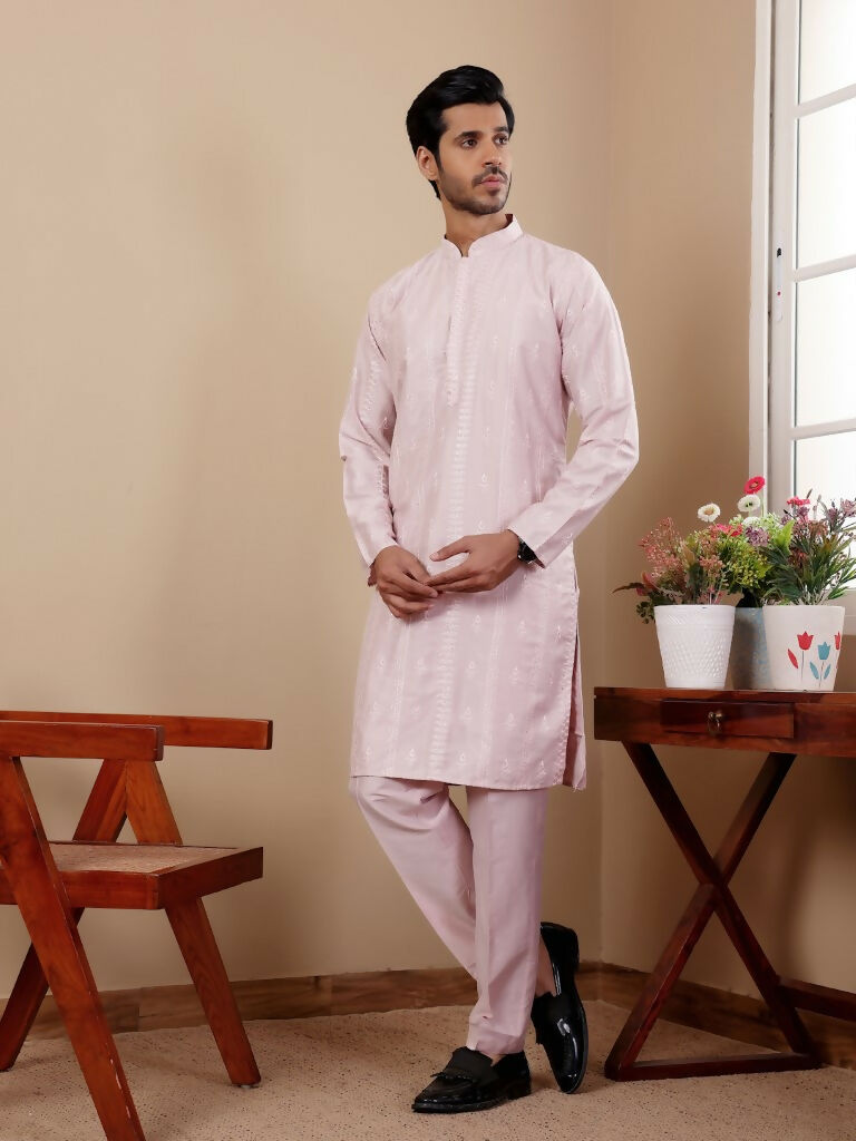 Light Pink Silk Designer Embroidery Work Men's Rajwadi Kurta Set - Mahotsav
