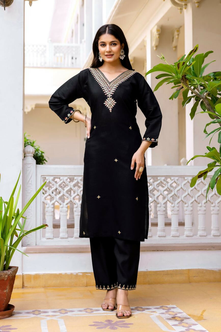 The52 Black Women's Beautiful Viscose Chanderi Fabric Embroidered Work Straight Kurta Pant and Dupatta Set