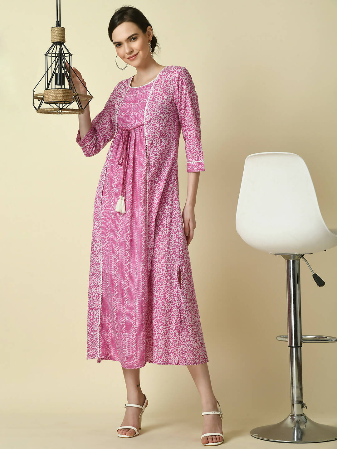 Myshka Women's Pink Floral Printed Gown Dress