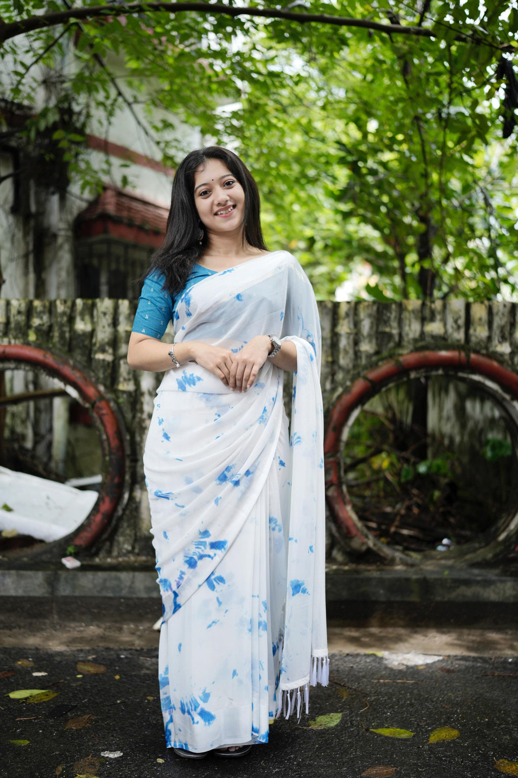 Blue Poly Georgette Tie And Dye Saree with Unstitched Blouse - A2M