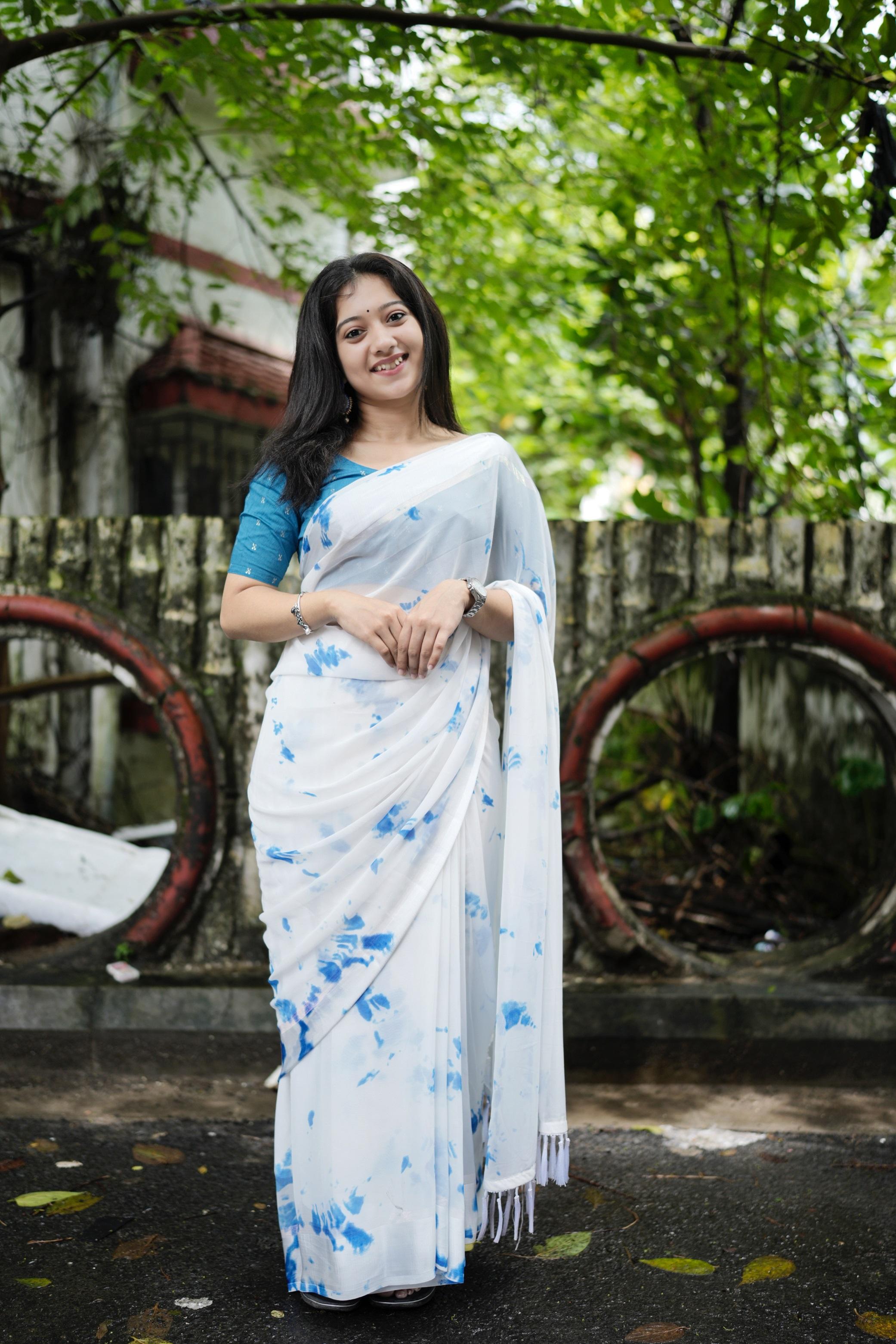 Blue Poly Georgette Tie And Dye Saree with Unstitched Blouse - A2M