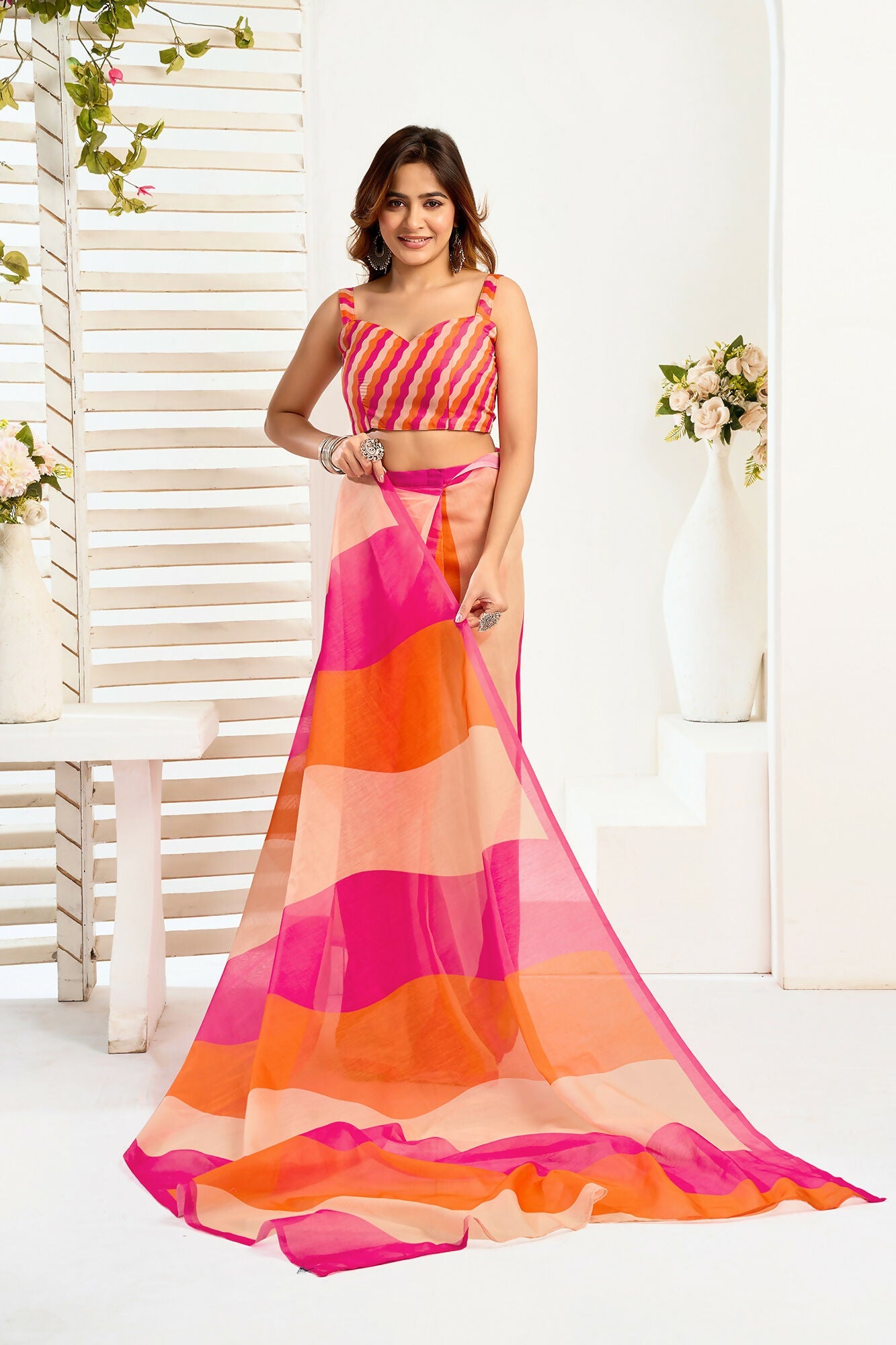 Vastranavya Multicolor Digital Printed Linen Ready To Wear Designer Saree with Unstitched Blouse