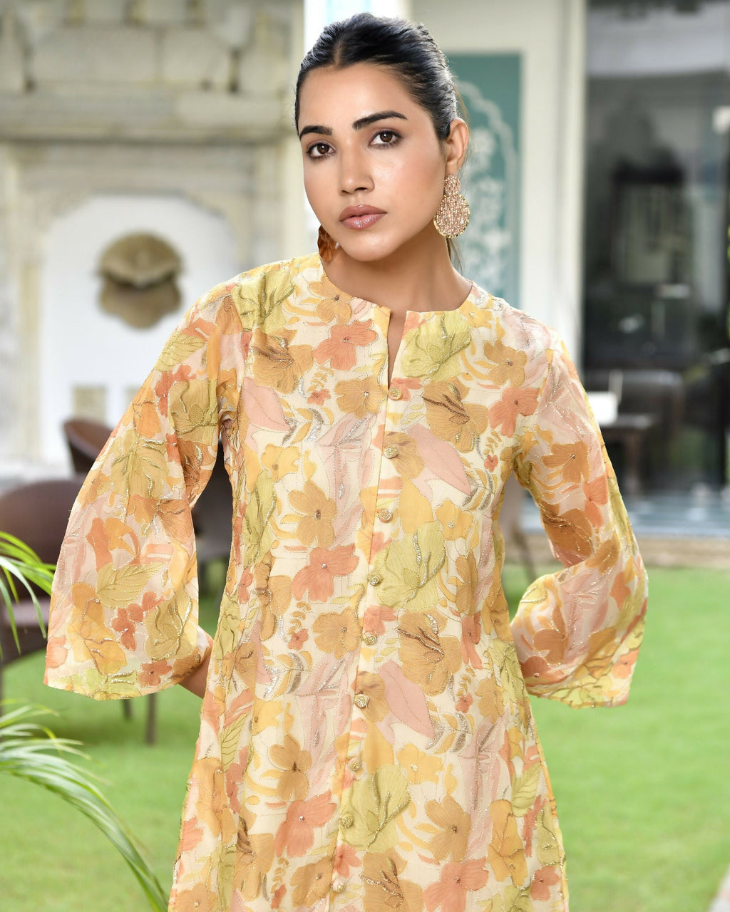 Vaasva Women's Lemon Yellow Organza Digital Printed Cord Set
