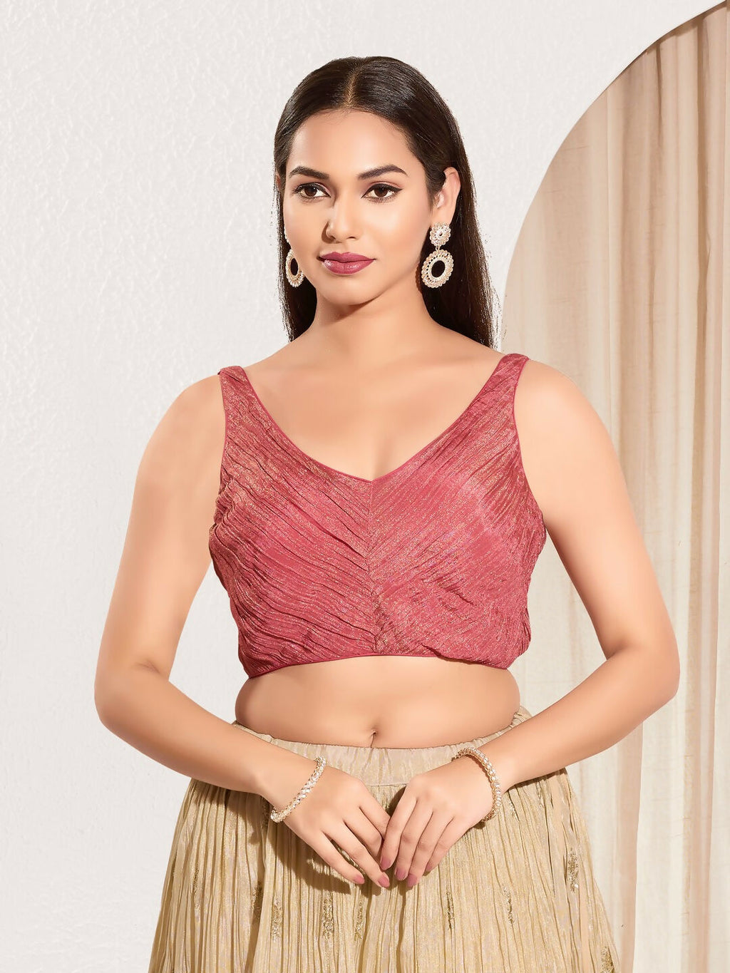 Joban Fashion Onion Pink Tissue Padded Blouse With Sweetheart Neck Sleeveless