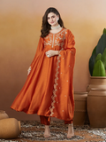 The52 Orange Women's Beautiful Vichitra Silk Fabric Embroidered Work Flared Anarkali Pant and Dupatta Set