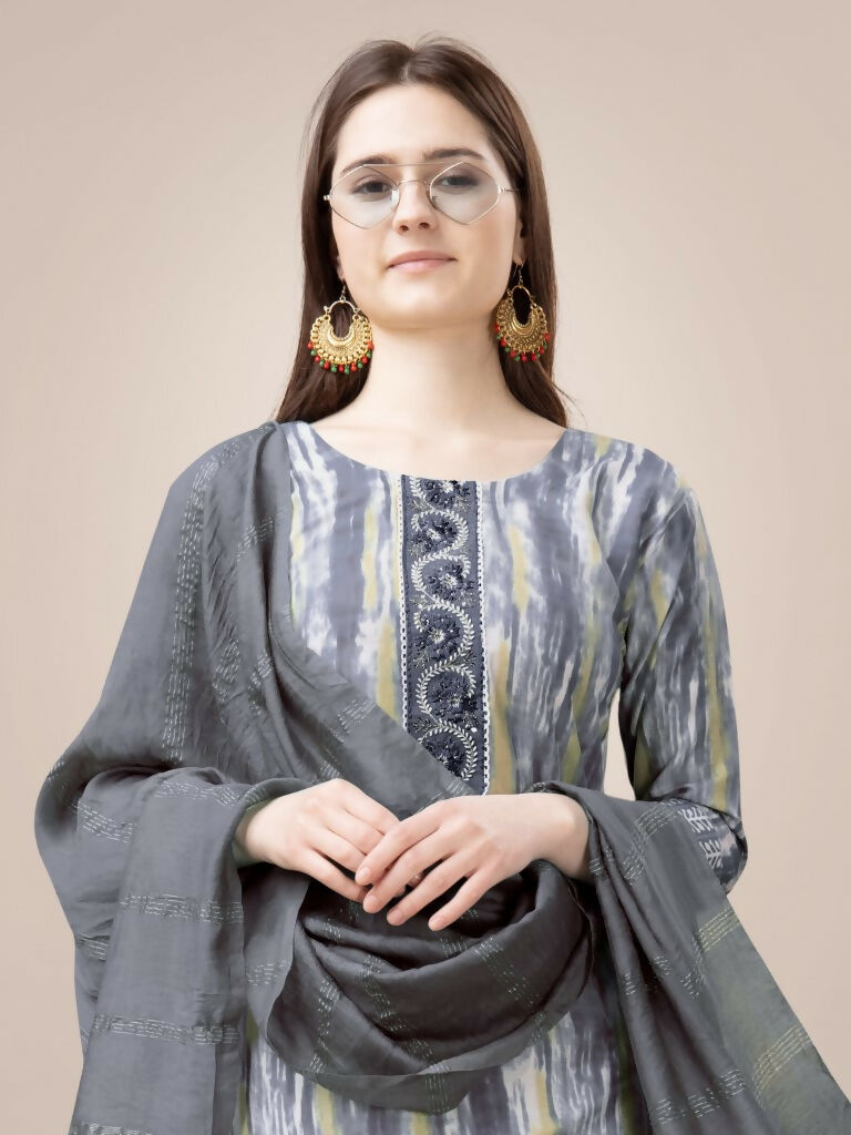 Jyoti Fashion Women's Grey Rayon Print with Embroidery & Fancy Lace Work Kurta with Trouser & Dupatta