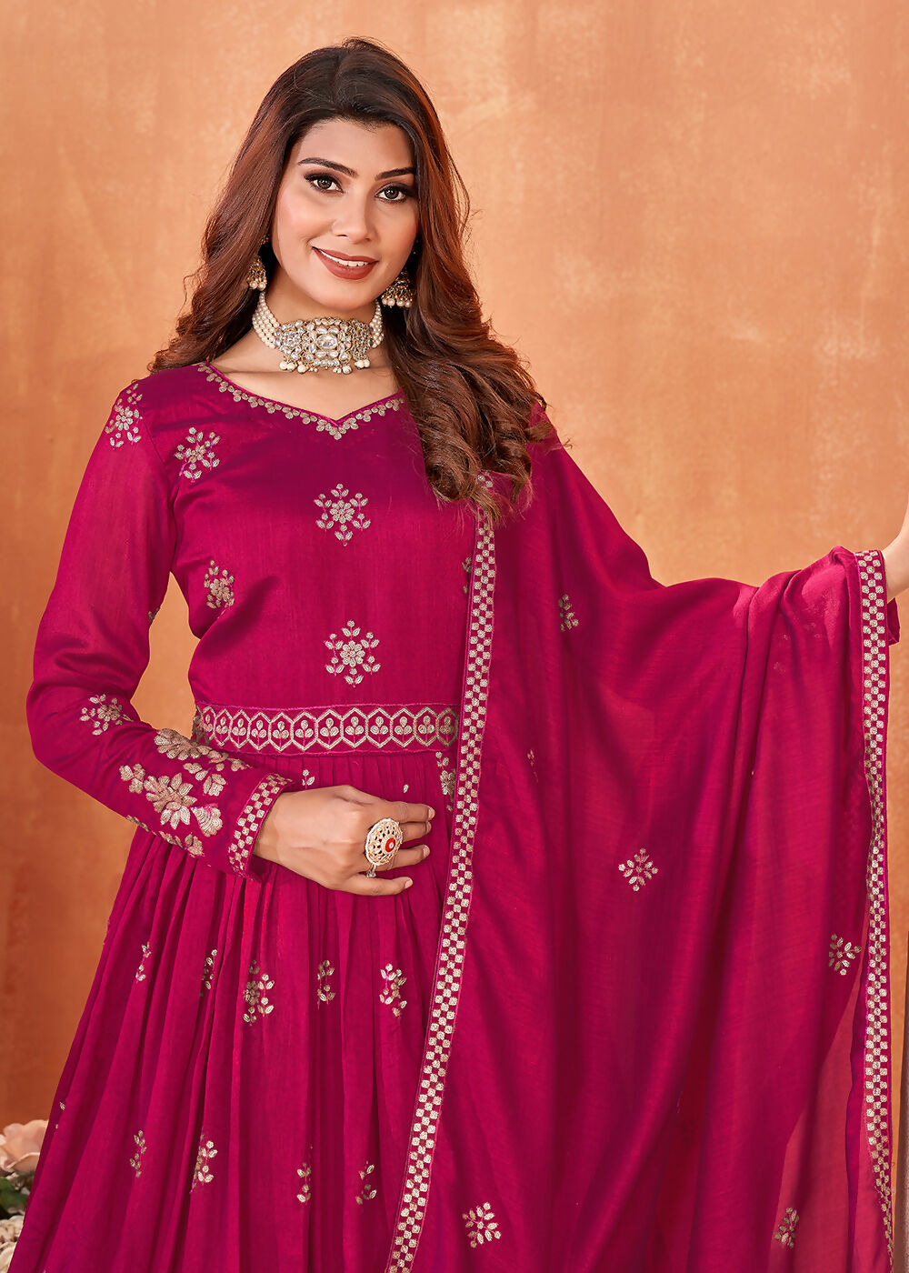 Hot Pink Festive Embroidered Art Silk Anarkali Suit - Emponline