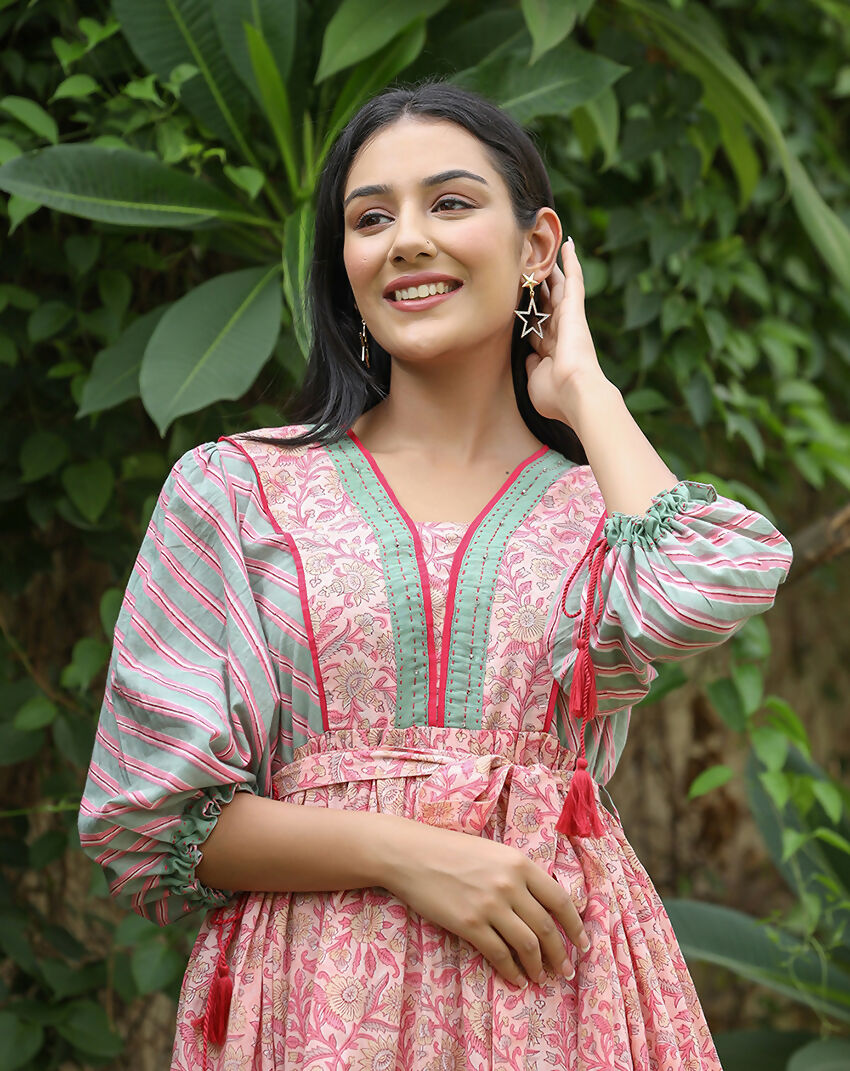 Kaajh Women's Pink Hand Block Printed Dress