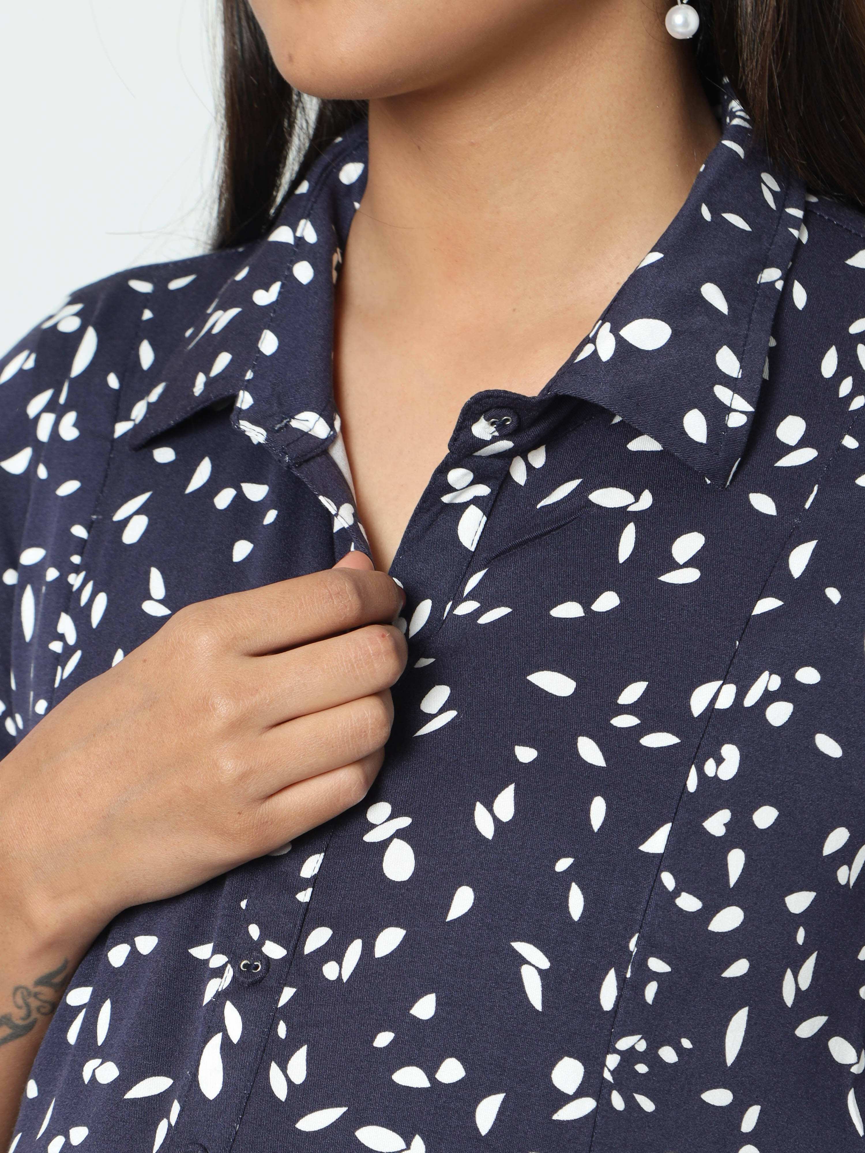 Manet Three Fourth Maternity Dress White Dot Print With Concealed Zipper Nursing Access - Navy Blue