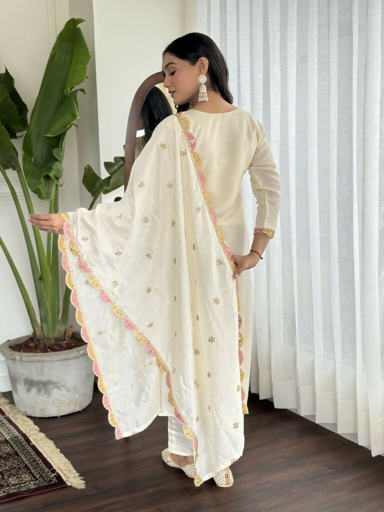 Cream Viscose chanderi Stitched Suit With Dupatta - Tanisha