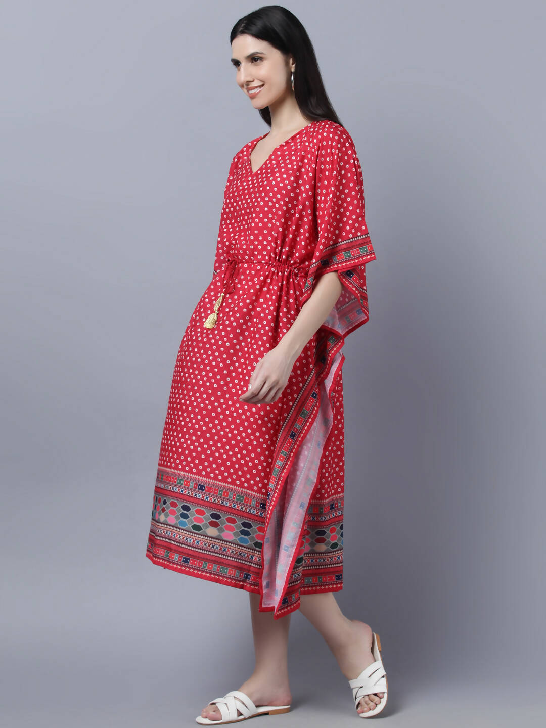 Myshka Women's Red White Ethnic Motifs Printed Kaftan Midi Dress
