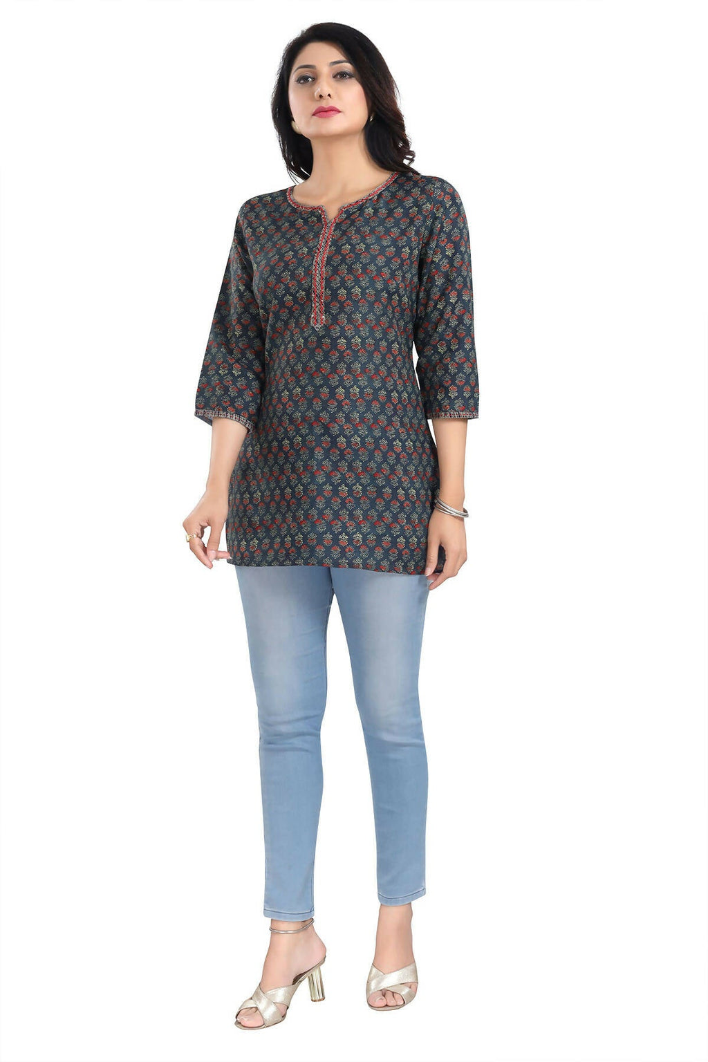 Snehal Creations Novel Navy Blue Rayon Short Kurti Tunic Top