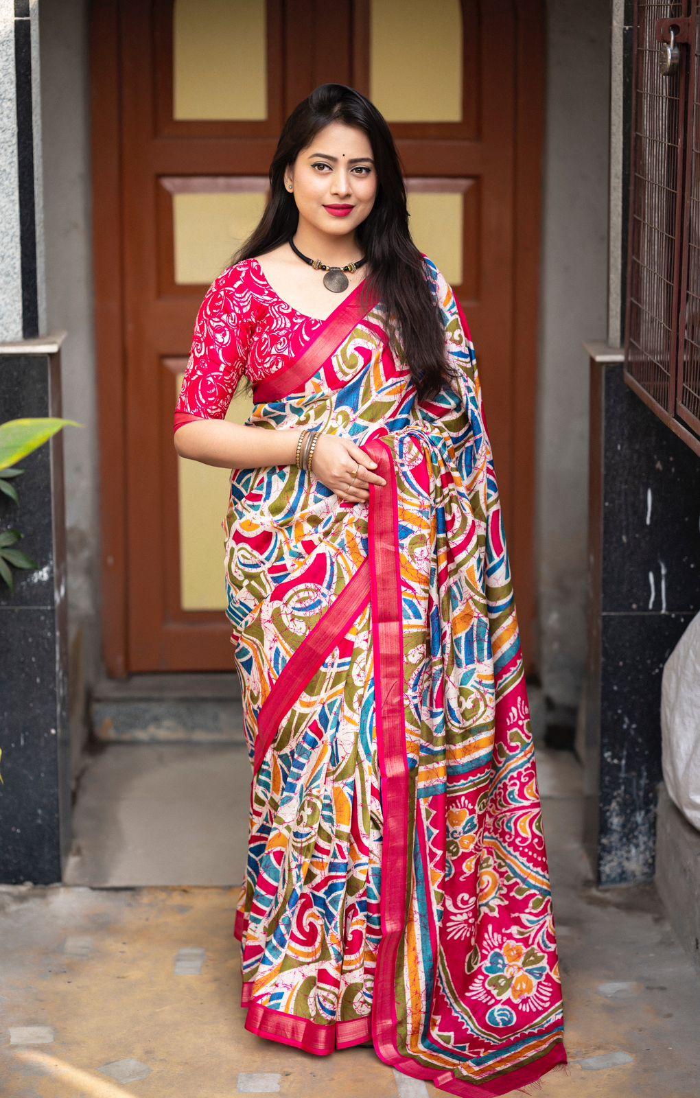 Rani Cotton Crepe Batik Print Saree with Unstitched Blouse - Hiral Fashion