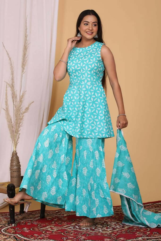 Vamika Women Printed Cotton Sky Blue Party Wear/Casual Wear Kurta Set/Suit