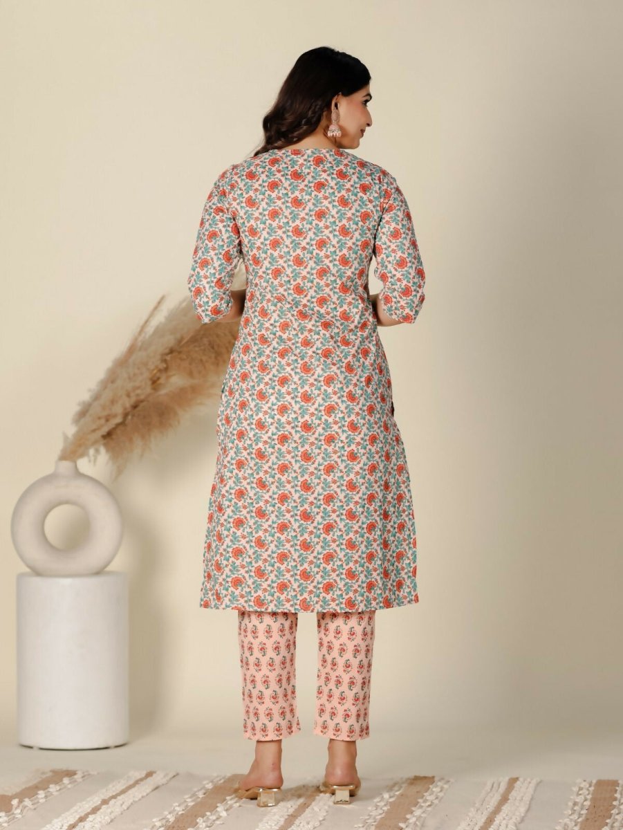 Aramya Orange Soft Cotton Floral Print Straight Kurta Set for Women
