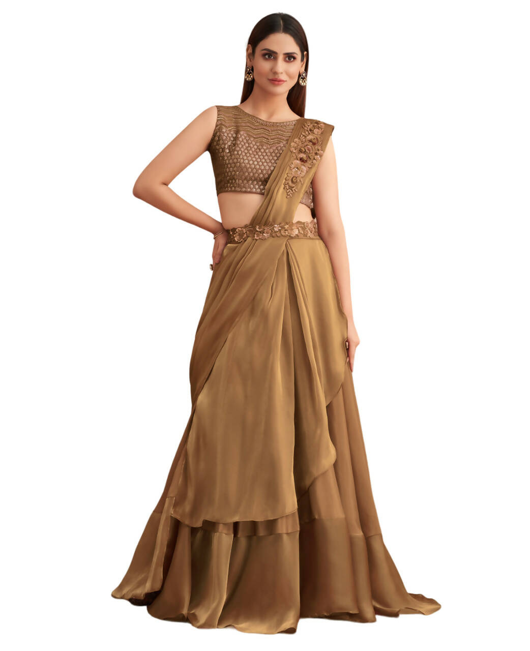 Beige Satin Embroidered Ready To Wear Saree With Unstitched Blouse Piece - Nandika