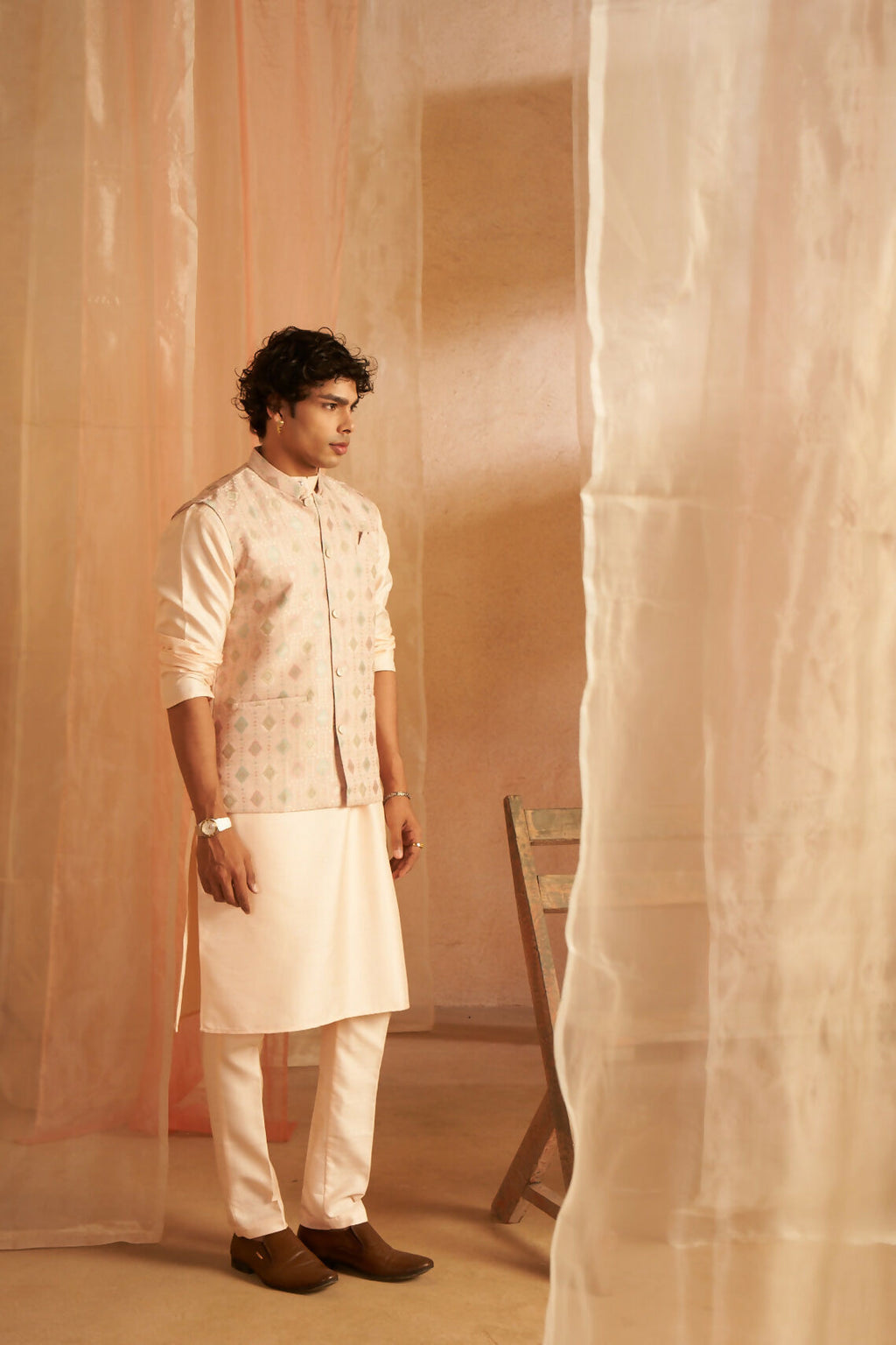 Peach Viscose Designer Printed Men's Kurta Set with Koti - Mahotsav